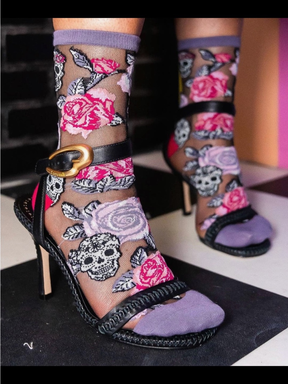 Sock Candy Sheer Black  Floral & Skull Ankle Sock. Price firm.